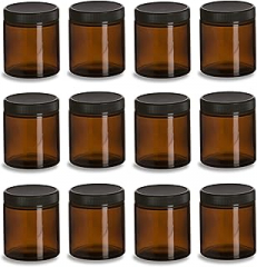 6 Ounce Amber Glass Straight Sided Mason Canning Jars - with 63mm Black Plastic Lids - Case of 12
