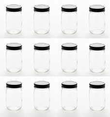 NMS 12 Ounce Glass Regular Mouth Mason Canning Jars - Case of 12 - With Black Lids