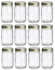 NMS 12 Ounce Glass Regular Mouth Mason Canning Jars - Case of 12 - With Gold Lids