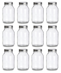 NMS 32 Ounce Glass Regular Mouth Mason Canning Jars - Case of 12 - With Silver Lids