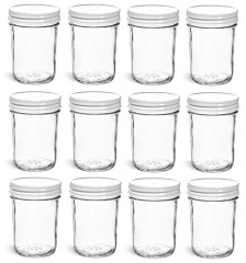 NMS 8 Ounce Glass Regular Mouth Tapered Canning Jars - Case of 12 - With White Lids