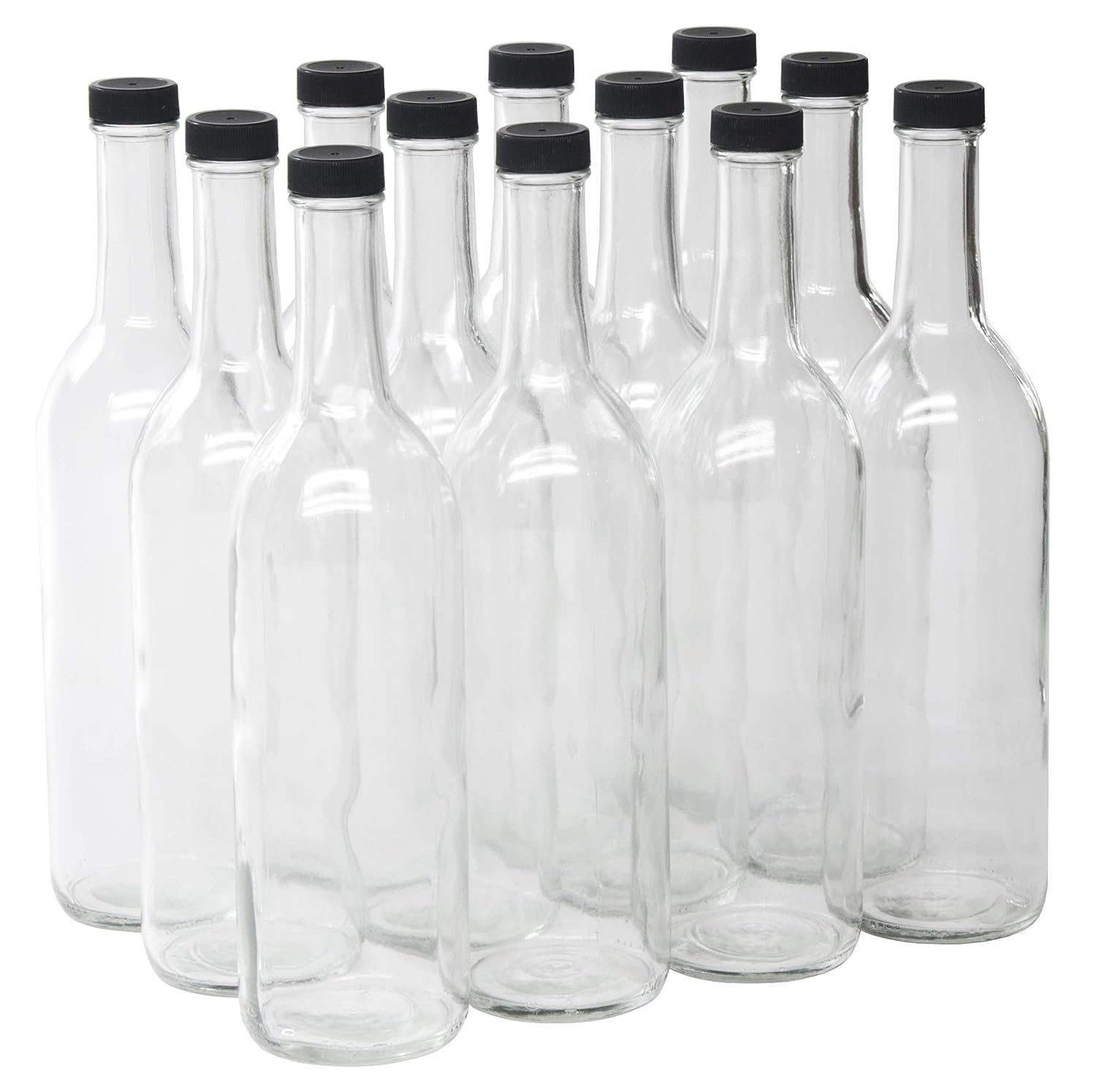 North Mountain Supply - W5CTCL-BKP 750ml Clear Glass Bordeaux Wine Bottle Flat-bottomed Screw-Top Finish - with 28mm Black Plastic Lids - Case of 12