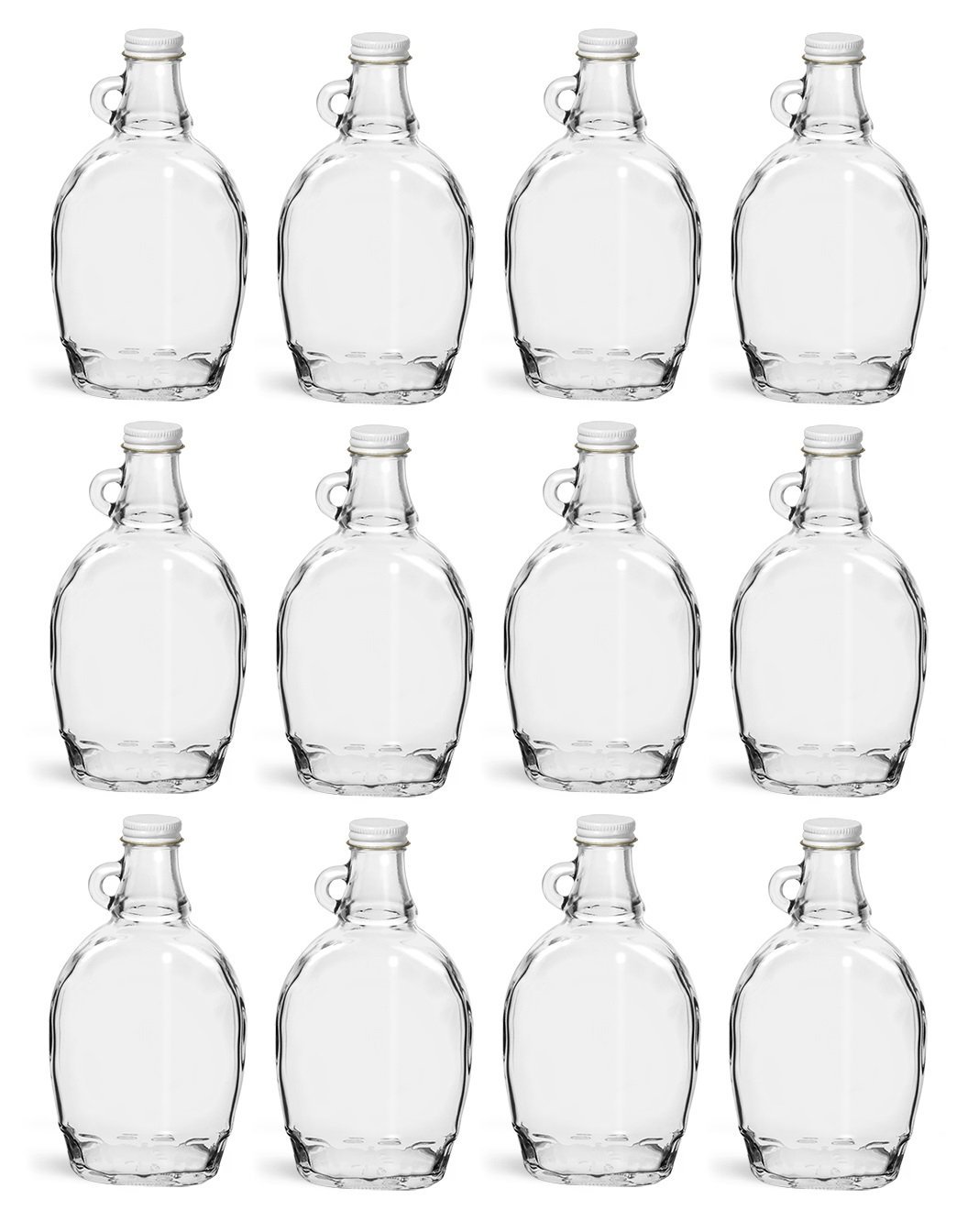 NMS 12 Ounce Glass Maple Syrup Bottles with Loop Handle & White Metal Lids  - Case of 12