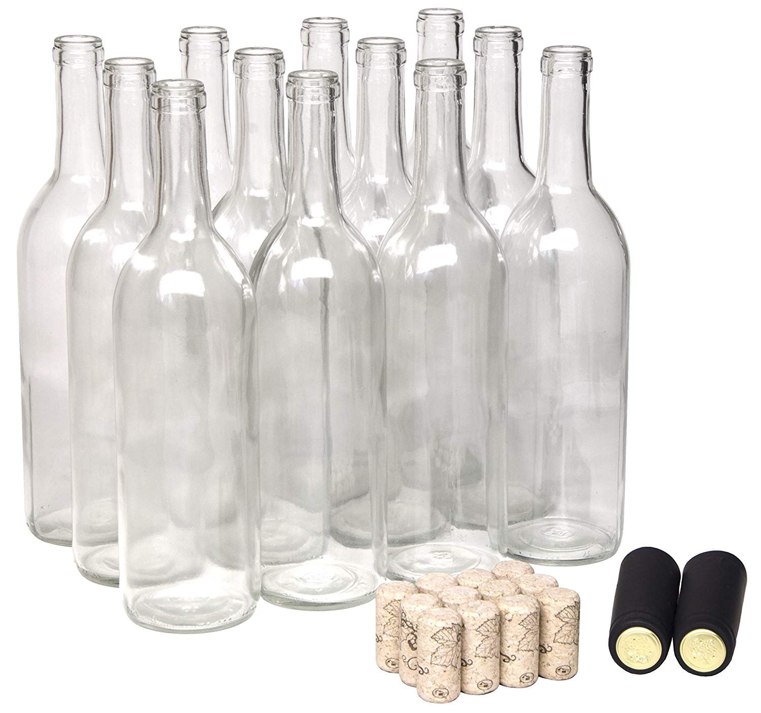 North Mountain Supply 750ml Glass Bordeaux Wine Bottle Flat-bottomed Cork Finish - with #8 Premium Natural Corks & PVC Shrink Capsules - Case of 12