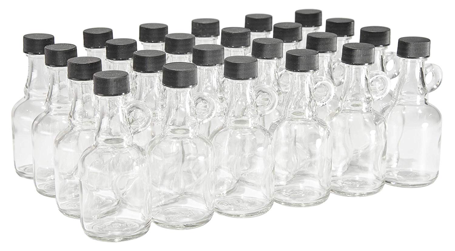 North Mountain Supply - SJ-1.7-BP 1.7 Ounce Glass Syrup Bottles with Loop Handle & Black Plastic Lids - Case of 24