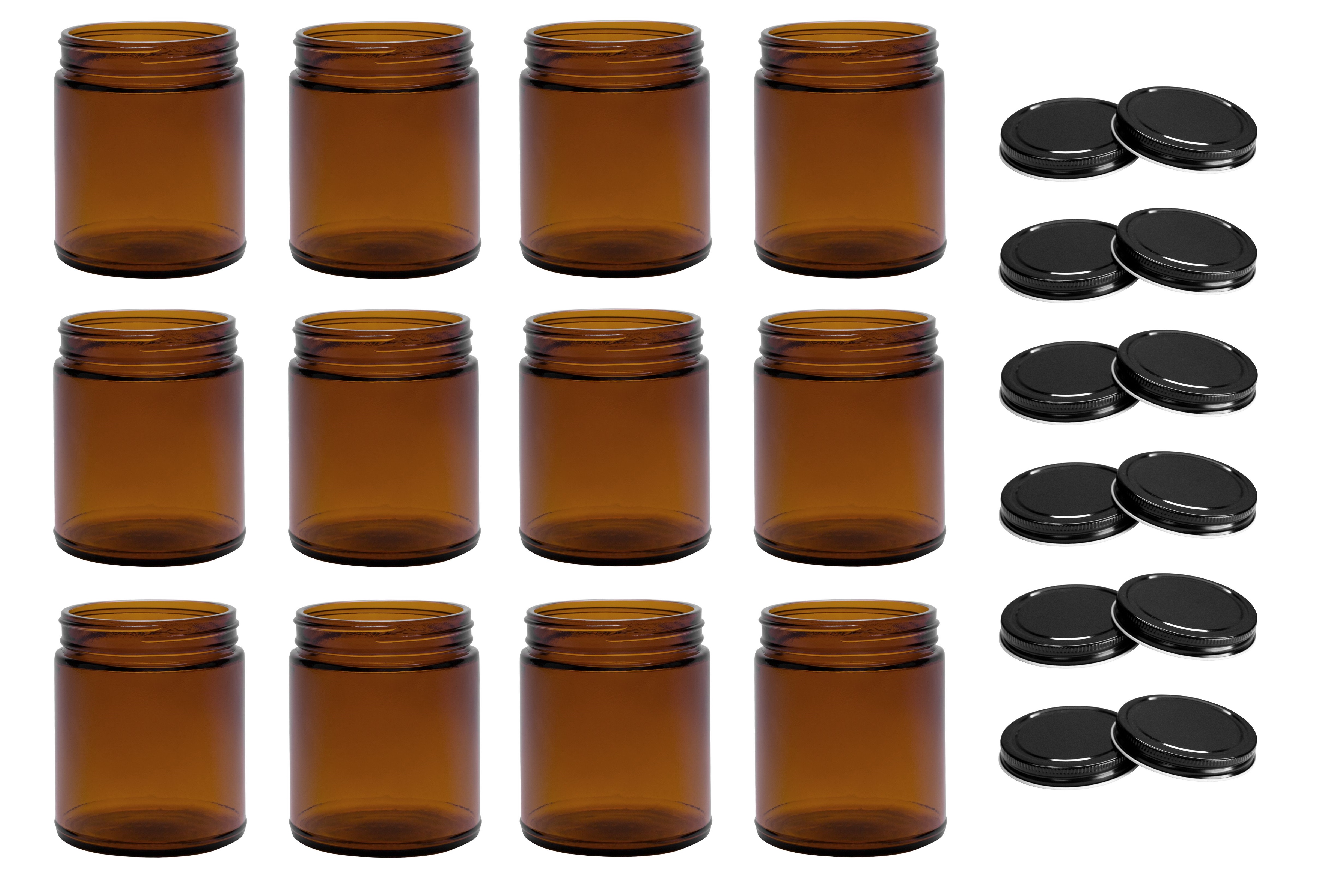 North Mountain Supply - SSA-9OZ-BK 9 Ounce Amber Glass Straight Sided Mason Canning Jars - with 70mm Black Metal Lids - Case of 12