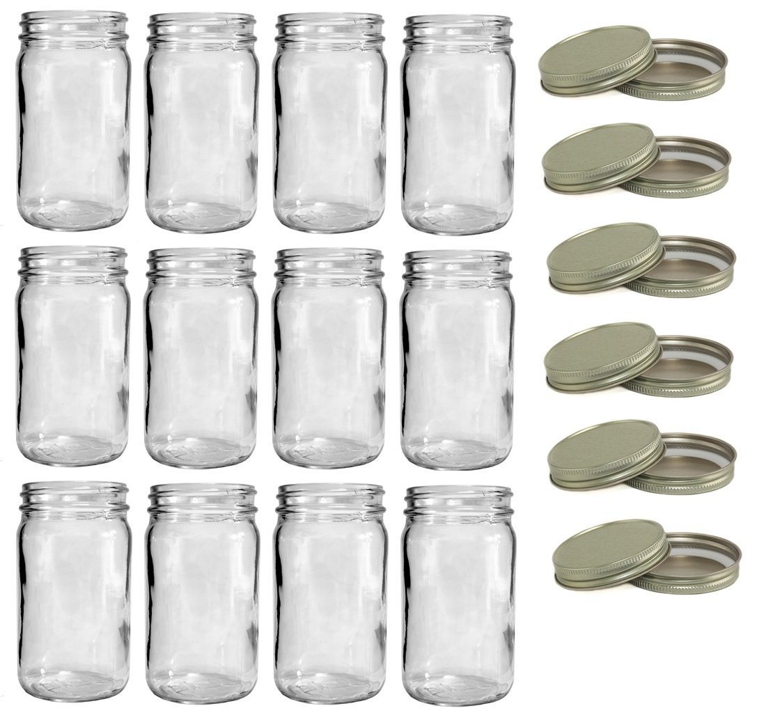 North Mountain Supply 16 Ounce Glass Tall Straight Sided Mason Canning Jars  - With 63mm Gold Metal Lids - Case of 12