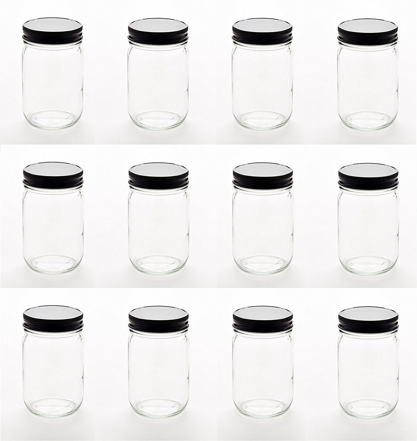 North Mountain Supply - SS-9OZ-BK 9 Ounce Glass Straight Sided Mason Canning Jars - with 70mm Black Metal Lids - Case of 12 Black Lids