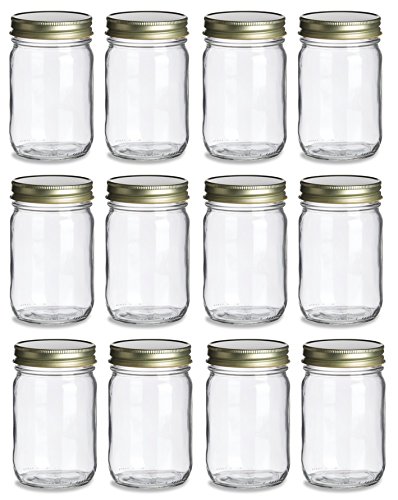 North Mountain Supply 12 Ounce Glass Regular Mouth Mason Canning Jars - with Gold Safety Button Lids - Case of 12