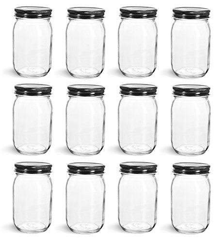 NMS 9 Ounce Glass Straight Sided Mason Canning Jars - With 70mm Black Metal  Lids - Case of 12