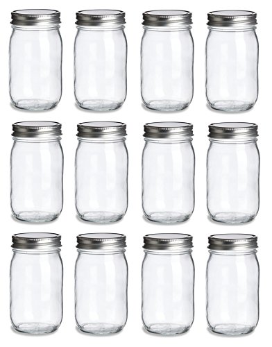 NMS 16 Ounce Glass Regular Mouth Mason Canning Jars - Case of 12 - With  Silver Lids