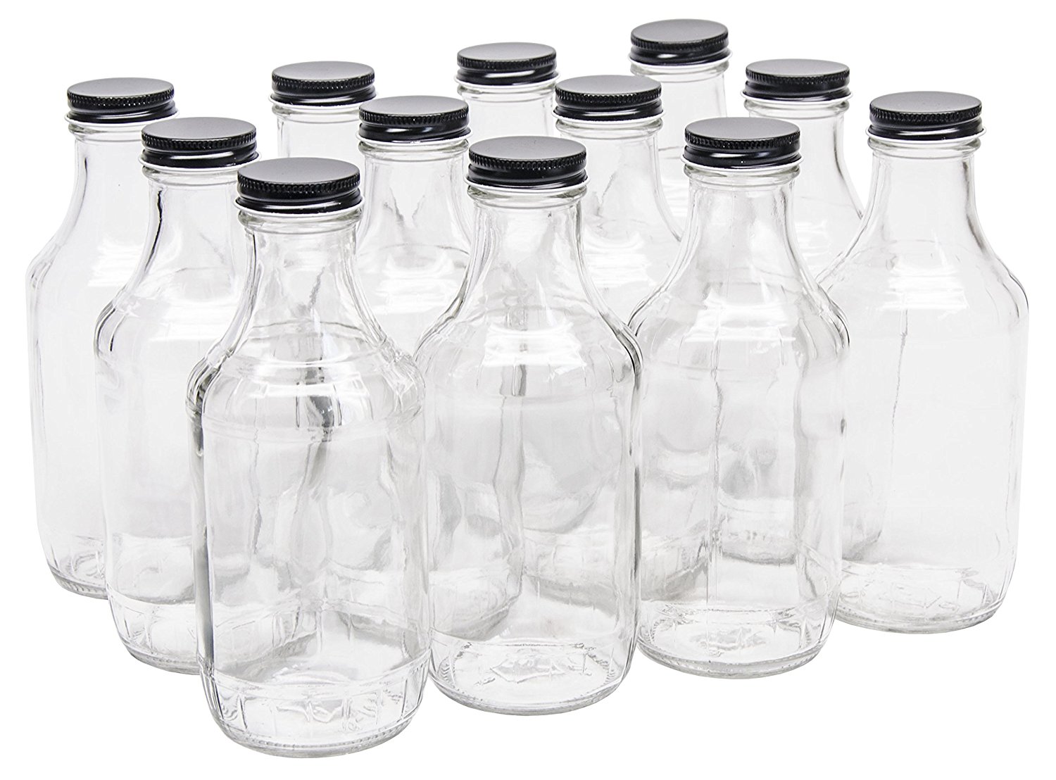 North Mountain Supply 16 Ounce Glass Sauce Bottle - with 38mm Black Metal Lids - Case of 12