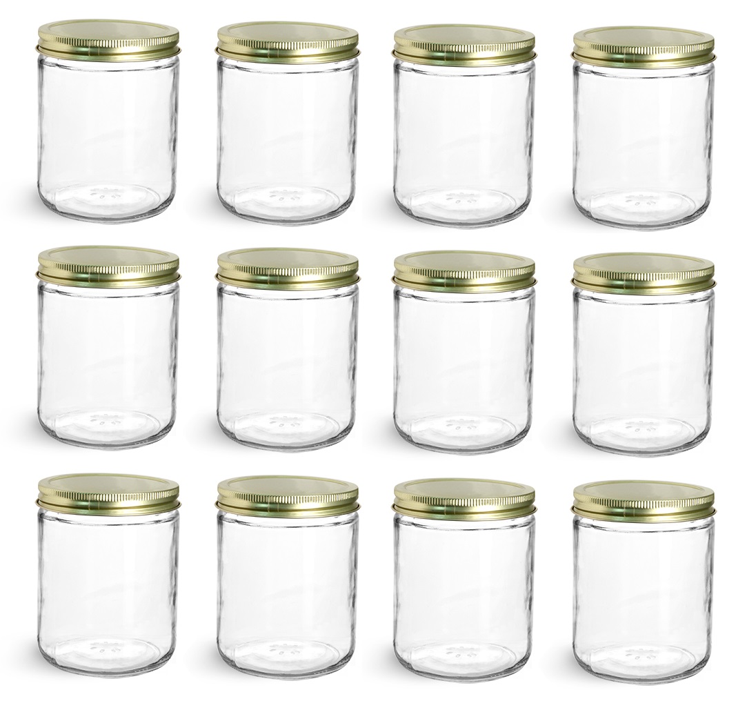 Straight Sided Glass Jar 16 oz w/ Gold Lid