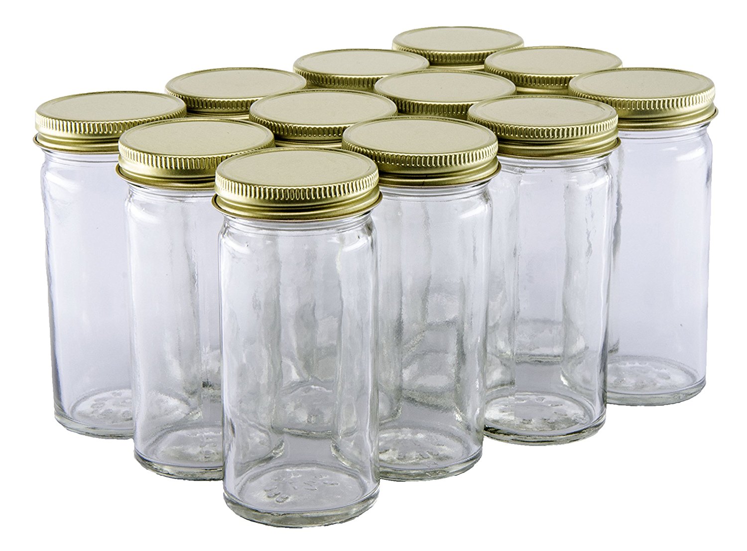 NMS 4 Ounce Glass Tall Straight Sided Spice/Canning Paragon Jars - Case of  12 - With 48mm Gold Lids