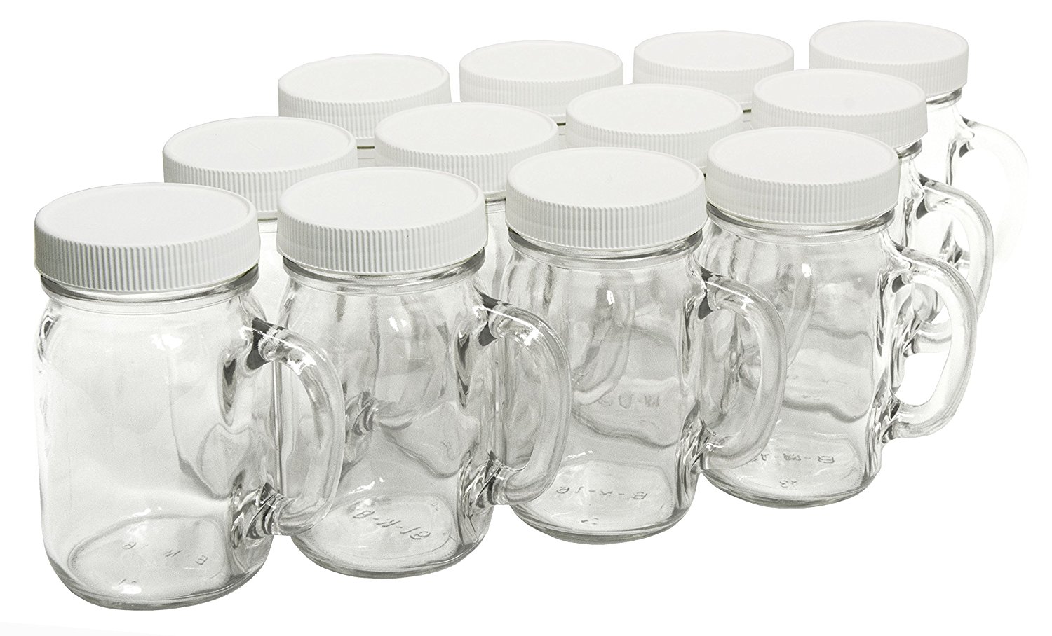 North Mountain Supply - NMS J40014 - White Plastic Glass Pint Mug Handle Mason Drinking Jars - with White Plastic Lids - Case of 12