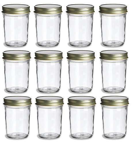North Mountain Supply 8 Ounce Glass Regular Mouth Tapered Mason Canning Jars - with Gold Safety Button Lids - Case of 12