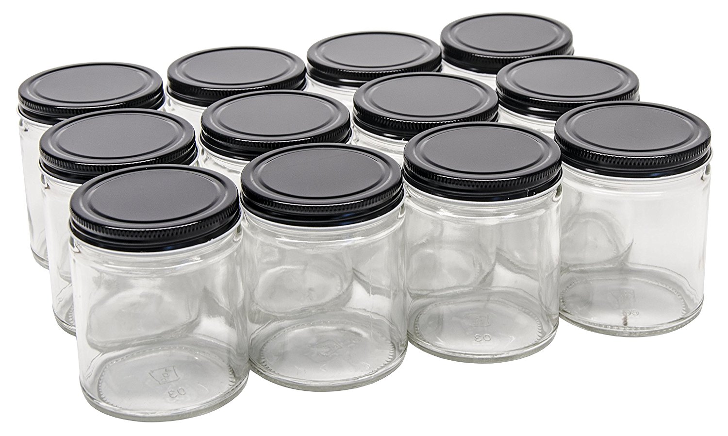 NMS 9 Ounce Glass Straight Sided Mason Canning Jars - With 70mm Black Metal  Lids - Case of 12