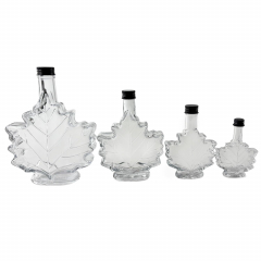 Maple Leaf Syrup Bottles Sampler Set with Metal Lids [4 Bottle Set, 1.7 to 17 fl oz, Clear Glass, Black Metal Lids]