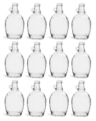 NMS 12 Ounce Glass Maple Syrup Bottles with Loop Handle & White Metal Lids - Case of 12