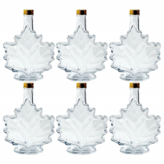 Maple Leaf Syrup Bottles with Metal Lids [8.5 fl oz, 250 ml, Clear Glass, Gold Metal Lids, Case of 6]