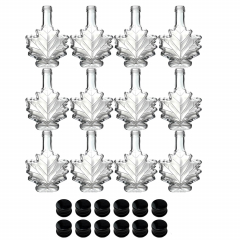 Maple Leaf Syrup Bottles with Metal Lids [3.4 fl oz, 100 ml, Clear Glass, Black Metal Lids, Case of 12]