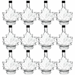 Maple Leaf Syrup Bottles with Metal Lids [8.5 fl oz, 250 ml, Clear Glass, Black Metal Lids, Case of 12]