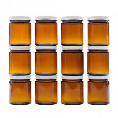 NMS9 Ounce Amber Glass Straight Sided Mason Canning Jars - with 70mm White Metal Lids - Case of 12