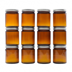 NMS 9 Ounce Amber Glass Straight Sided Mason Canning Jars - with 70mm Silver Metal Lids - Case of 12