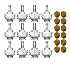Maple Leaf Syrup Bottles with Tamper-Evident Plastic Lids [1.7 fl oz, 50 ml, Clear Glass, Gold Plastic Lids, Case of 12]