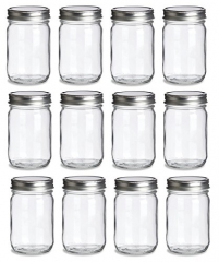 NMS 12 Ounce Glass Regular Mouth Mason Canning Jars - Case of 12 - With Silver Lids