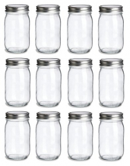 NMS 16 Ounce Glass Regular Mouth Mason Canning Jars - Case of 12 - With Silver Lids