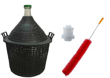 North Mountain Supply Narrow Mouth Glass Demijohn/Carboy with Plastic Basket - 20 Liter (Approx. 5 Gallons) - Includes Clip on Airlock, and Cleaning Brush