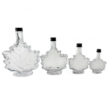 Maple Leaf Syrup Bottles Sampler Set with Metal Lids [4 Bottle Set, 1.7 to 17 fl oz, Clear Glass, Black Metal Lids]
