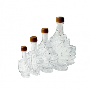 Maple Leaf Syrup Bottles Sampler Set with Tamper-Evident Plastic Lids [4 Bottle Set, 1.7 to 17 fl oz, Clear Glass, Gold Plastic Lids]