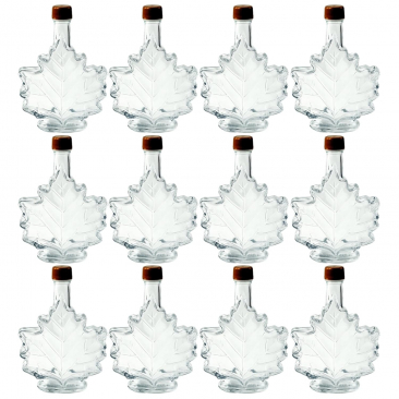 Maple Leaf Syrup Bottles with Tamper-Evident Plastic Lids [17 fl oz, 500 ml, Clear Glass, Gold Plastic Lids, Case of 12]