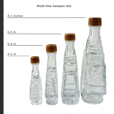 Maple Leaf Syrup Bottles Sampler Set with Tamper-Evident Plastic Lids [4 Bottle Set, 1.7 to 17 fl oz, Clear Glass, Gold Plastic Lids]