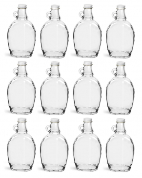 NMS 12 Ounce Glass Maple Syrup Bottles with Loop Handle & White Metal Lids - Case of 12