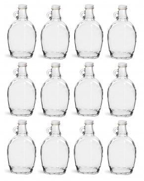 NMS 12 Ounce Glass Maple Syrup Bottles with Loop Handle & White Metal Lids & Shrink Bands - Case of 12