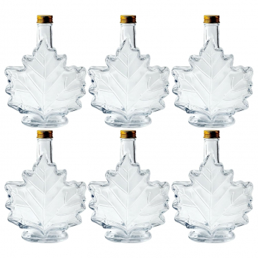 Maple Leaf Syrup Bottles with Metal Lids [8.5 fl oz, 250 ml, Clear Glass, Gold Metal Lids, Case of 6]
