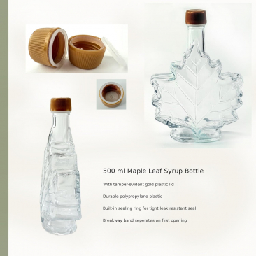 Maple Leaf Syrup Bottles with Tamper-Evident Plastic Lids [17 fl oz, 500 ml, Clear Glass, Gold Plastic Lids, Case of 12]