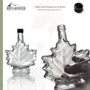 Maple Leaf Syrup Bottles with Metal Lids [8.5 fl oz, 250 ml, Clear Glass, Black Metal Lids, Case of 12]