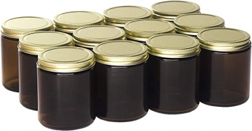 NMS 9 Ounce Amber Glass Straight Sided Mason Canning Jars - With 70mm Gold Metal Lids - Case of 12