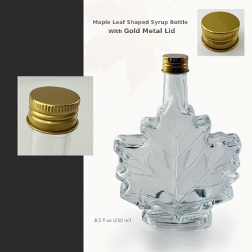 Maple Leaf Syrup Bottles with Metal Lids [8.5 fl oz, 250 ml, Clear Glass, Gold Metal Lids, Case of 6]