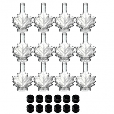 Maple Leaf Syrup Bottles with Metal Lids [3.4 fl oz, 100 ml, Clear Glass, Black Metal Lids, Case of 12]