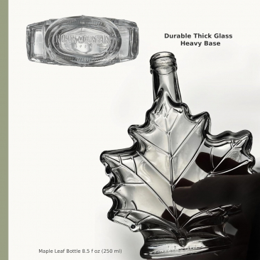 Maple Leaf Syrup Bottles with Metal Lids [8.5 fl oz, 250 ml, Clear Glass, Gold Metal Lids, Case of 6]