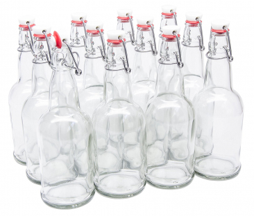 North Mountain Supply Clear 16 oz Glass Grolsch-Style Beer Bottles - With Plastic Swing Top Caps - Case of 12