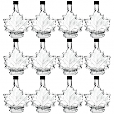 Maple Leaf Syrup Bottles with Metal Lids [8.5 fl oz, 250 ml, Clear Glass, Black Metal Lids, Case of 12]