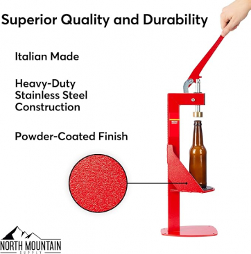 North Mountain Supply Heavy Duty Bench Bottle Capper - Compatible With 2 Sizes of Caps - All Metal - Professional Grade - Made in Italy
