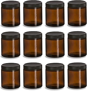 6 Ounce Amber Glass Straight Sided Mason Canning Jars - with 63mm Black Plastic Lids - Case of 12
