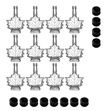 Maple Leaf Syrup Bottles with Metal Lids [1.7 fl oz, 50 ml, Clear Glass, Black Metal Lids, Case of 12]